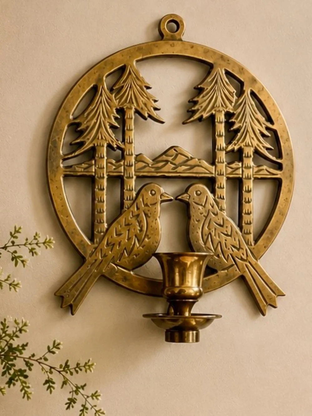 Vintage Solid Brass Birds & Pines Wall Candle Sconce – Made in India